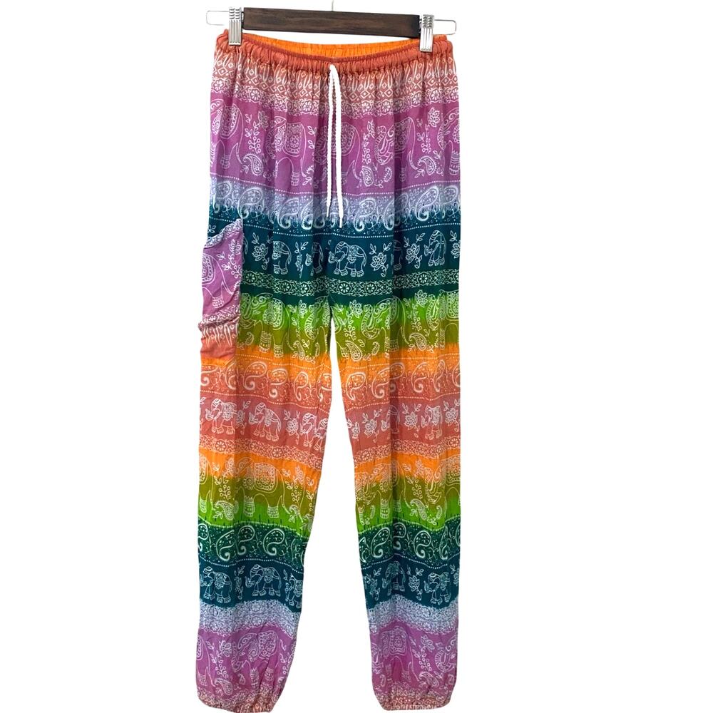 Earthbound Rainbow Elephant Paisley Jogger Pants XS/S Elastic Waist Boho